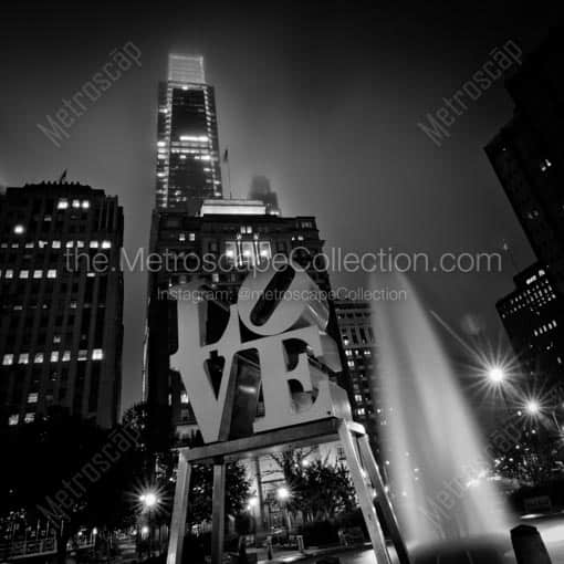 The Love Sculpture with the New Comcast Tower -- Philadelphia Black and White Wall Art
