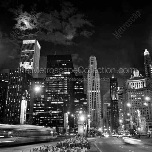 A Full Moon Rises Behind the Clouds over the Magnificent Mile -- Chicago Black and White Wall Art