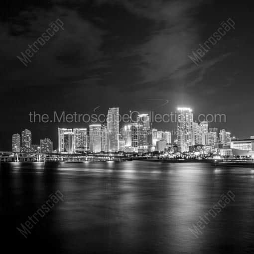 The Miami Skyline at Night from the MacArthur Causeway -- Miami Black and White Wall Art