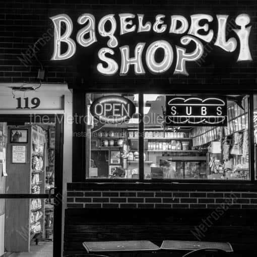 Oxford\'s Famous Bagel and Deli Shop at Night -- Oxford Black and White Wall Art