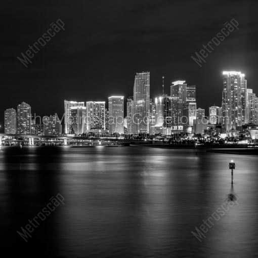 The Miami Skyline at Night on Biscayne Bay -- Miami Black and White Wall Art