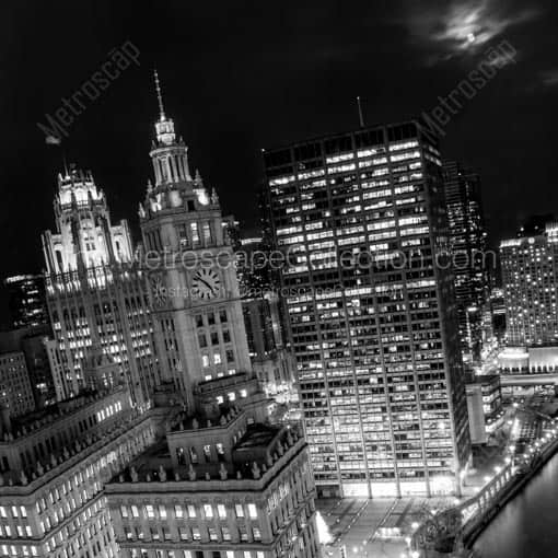 Moonrise in Downtown Chicago at Night. -- Chicago Black and White Wall Art