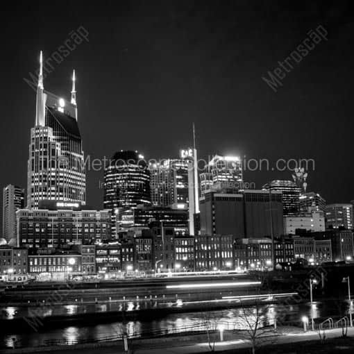 The Nashville Skyline on the Banks of the Cumberland River -- Nashville Black and White Wall Art