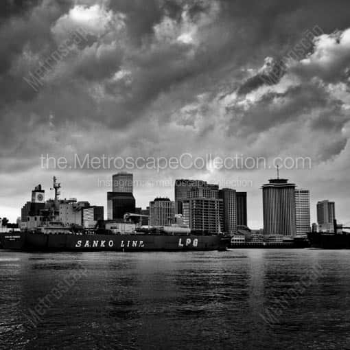 The New Orleans Skyline and Mississippi River Barge -- New Orleans Black and White Wall Art