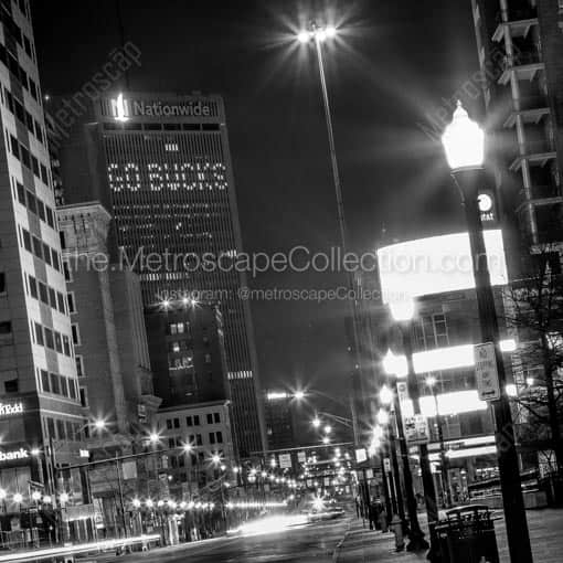 North High Street and Go Bucks in the Nationwide Building -- Columbus Black and White Wall Art