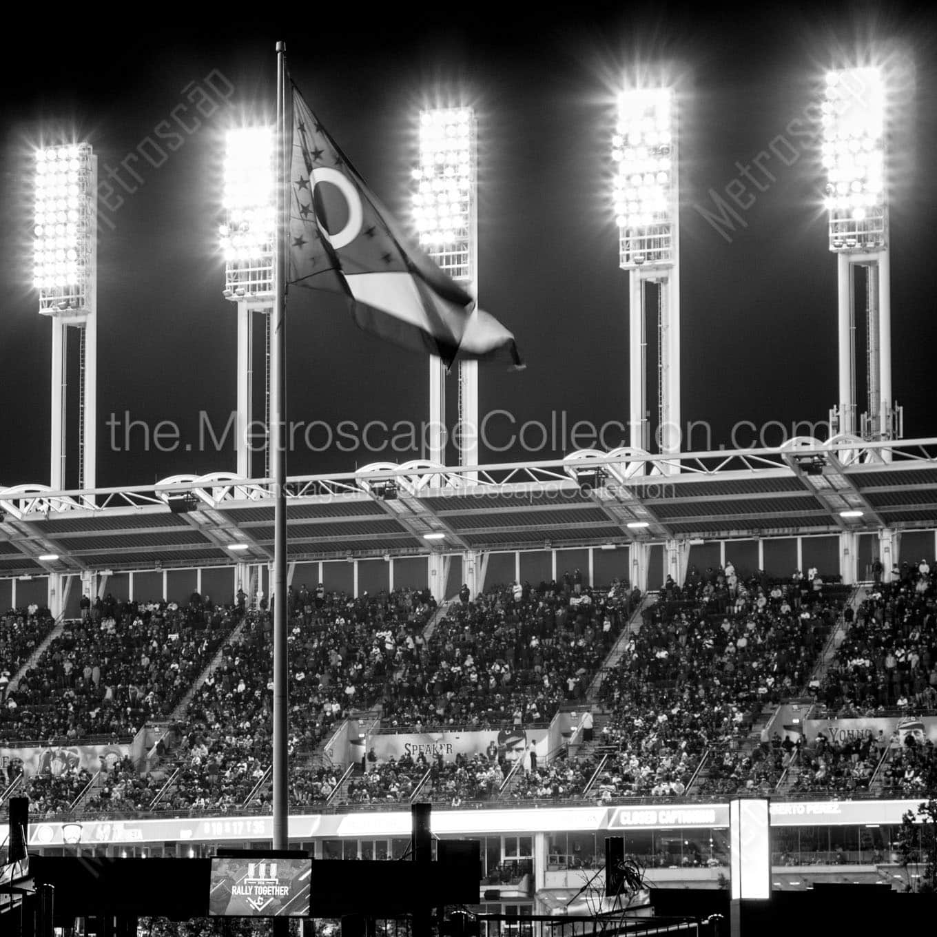 The Ohio Flag and Progressive Field Lights during the 2016 World Series Wall Art square crop