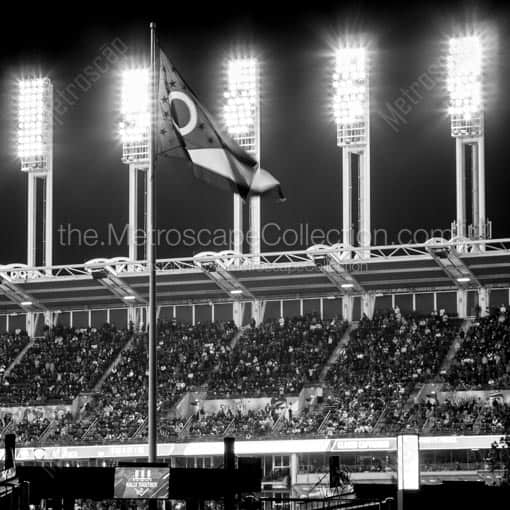 The Ohio Flag and Progressive Field Lights during the 2016 World Series -- Cleveland Black and White Wall Art