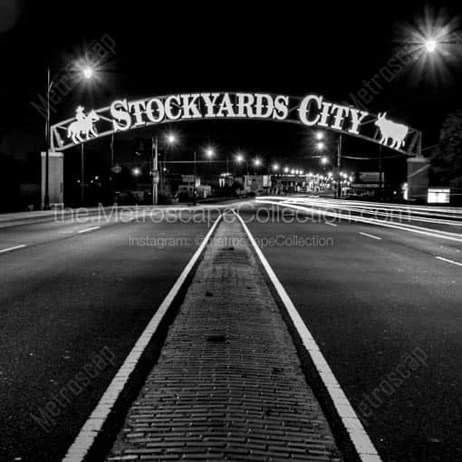 Stockyards City at Night -- Oklahoma City Black and White Wall Art