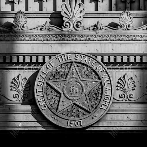 The State of Oklahoma Seal on Capitol Building -- Oklahoma City Black and White Wall Art