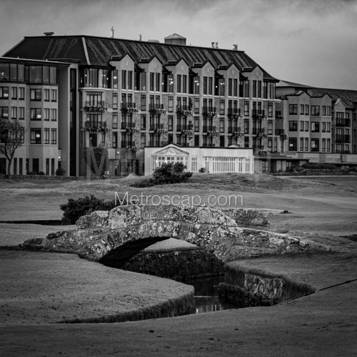 The Old Course Hotel and Swilcan Bridge -- St Andrews Black and White Wall Art