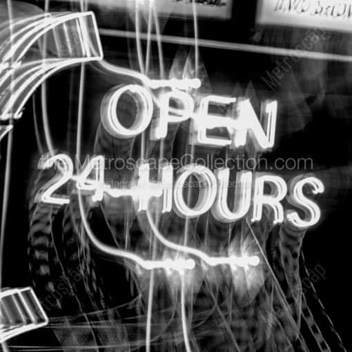 Open 24 Hours Neon Sign -- Las Vegas Black and White Wall Art