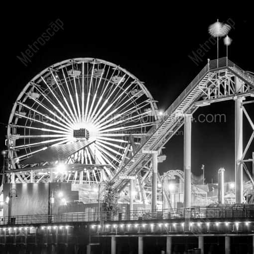 The Ferris Wheel and Roller Coaster at Pac Park -- Los Angeles Black and White Wall Art