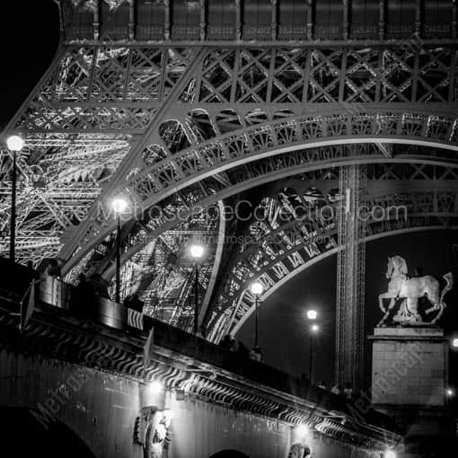 The Pont d'Iena Bridge and Base of the Eiffel Tower at Night -- Paris Black and White Wall Art