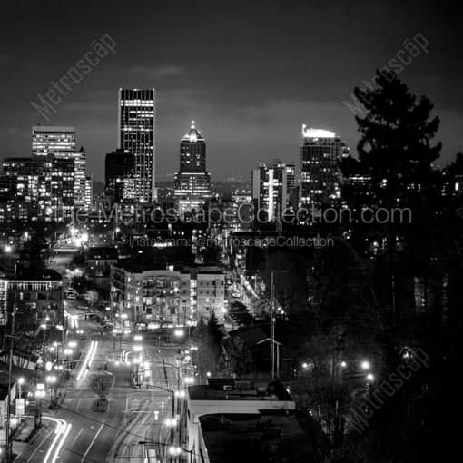The Portland Skyline from Vista Avenue at Night -- Portland Black and White Wall Art