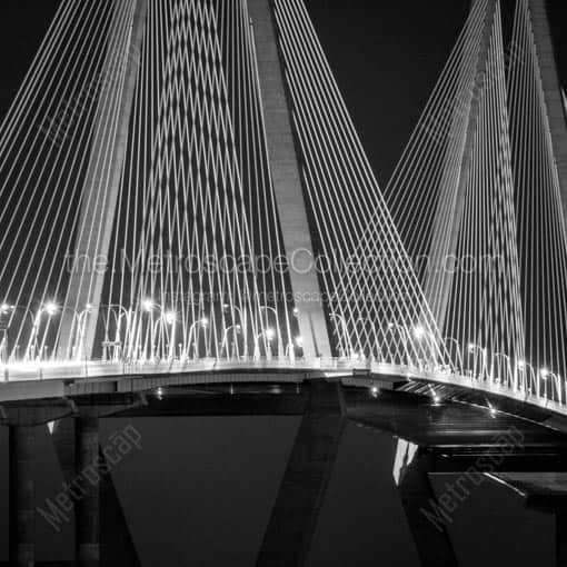 A Close-up Shot of the Ravenel Bridge at Night -- Charleston Black and White Wall Art