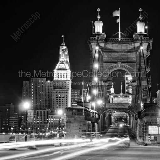 The Roebling Bridge and the Cincinnati Skyline at Night -- Cincinnati Black and White Wall Art