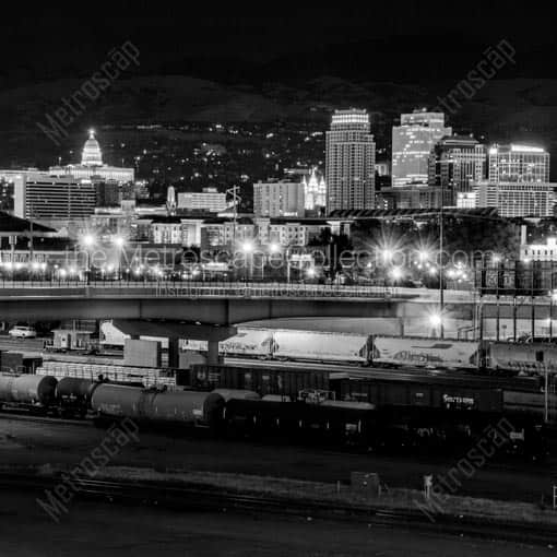 The Salt Lake City Skyline at Night from Interstate 80 -- Salt Lake City Black and White Wall Art