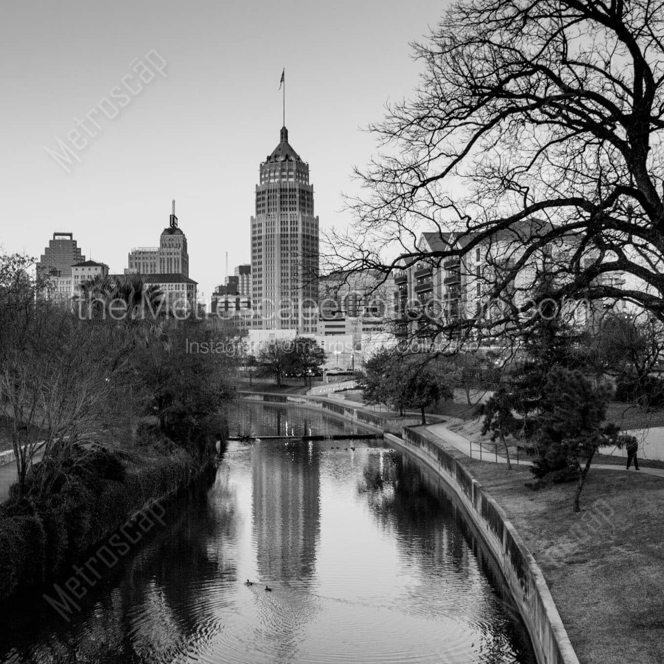 The San Antonio Skyline at Dusk over the San Antonio River Wall Art square crop
