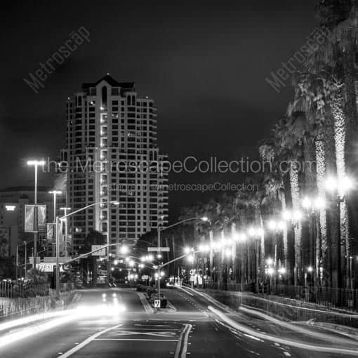 San Diego Harbor Drive at Night -- San Diego Black and White Wall Art