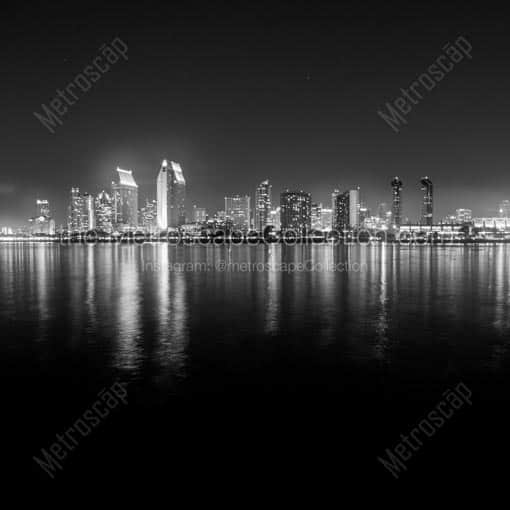 The San Diego Skyline from Coronado Island at Night -- San Diego Black and White Wall Art