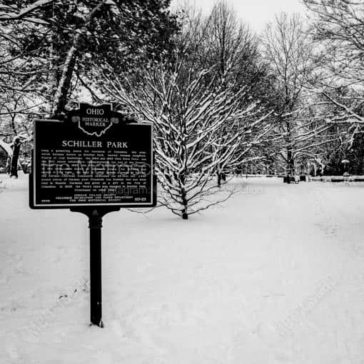 The Schiller Park Ohio Historical Marker in the Snow -- Columbus Black and White Wall Art