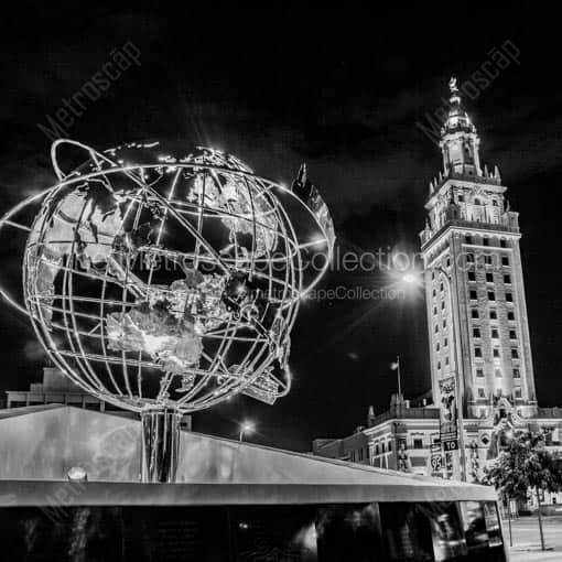 The Stainless Steel Globe and Freedom Tower -- Miami Black and White Wall Art