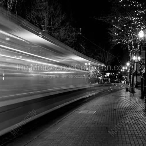 A Streetcar Streaking Down Yamhill Street -- Portland Black and White Wall Art