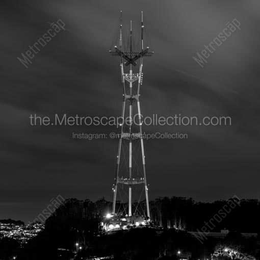 Sutro Tower from Twin Peaks at Night -- San Francisco Black and White Wall Art
