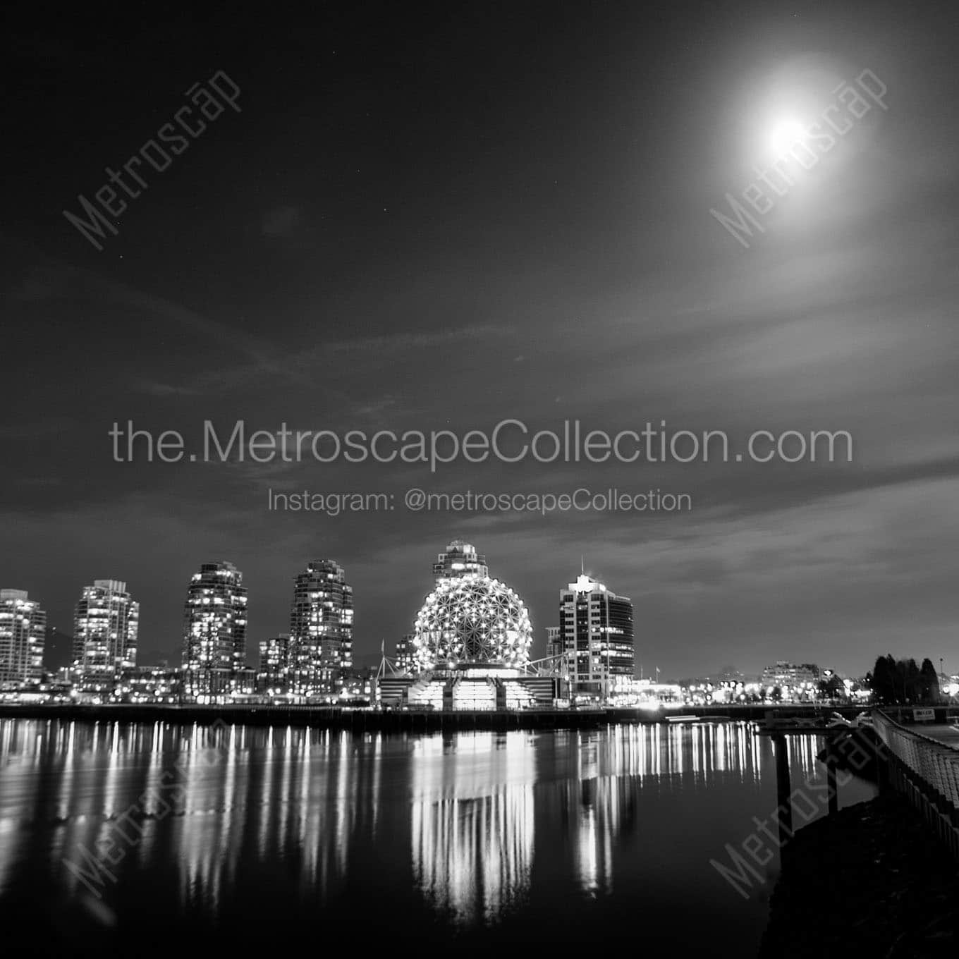 The Moon Illuminates the TELUS Science World Dome at Night Wall Art square crop