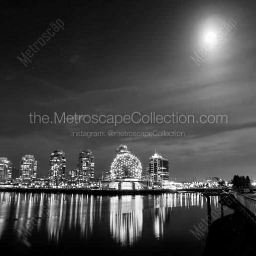 The Moon Illuminates the TELUS Science World Dome at Night -- Vancouver Black and White Wall Art