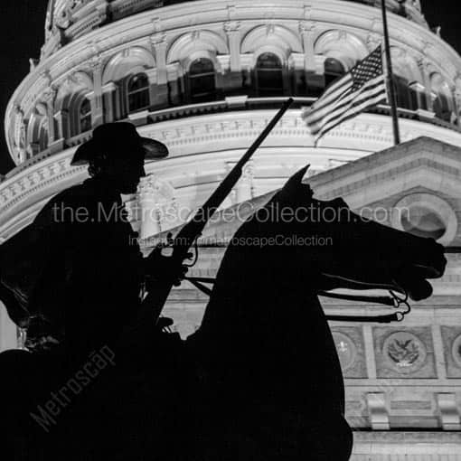 A Texas Ranger Silhouetted Against the Texas Statehouse -- Austin Black and White Wall Art