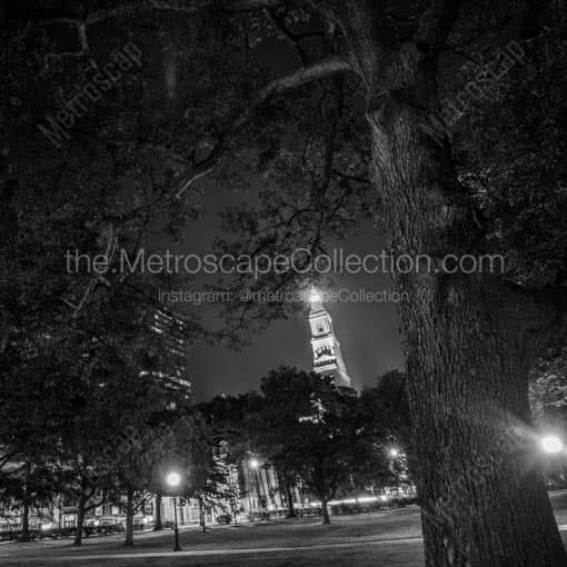 The Travelers Building at Night from Bushnell Park -- Hartford Black and White Wall Art