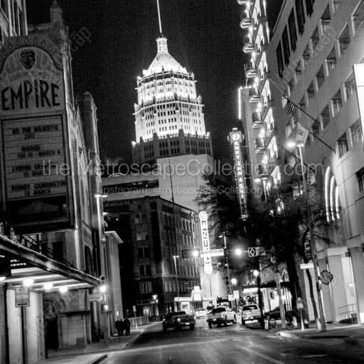 The Tower Life Building and Aztec Theater at Night -- San Antonio Black and White Wall Art