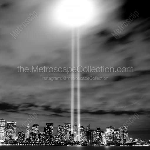 The Beams of Light from Lower Manhattan Bounce off of the Low Clouds -- New York City Black and White Wall Art