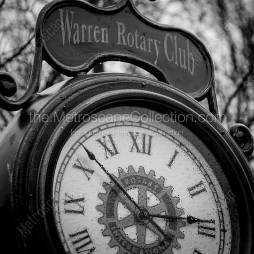 Matte Black MDF Framed Black and White Warren Photograph: The Warren Ohio Rotary Club Clock in a Square Matte Black MDF Frame