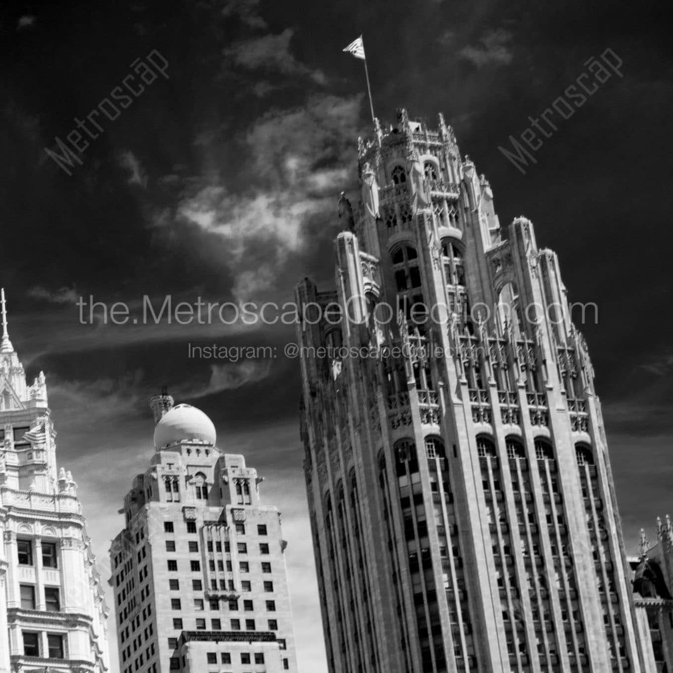 The Wind Whipping the US Flag on Top of the Tribune Building Wall Art square crop