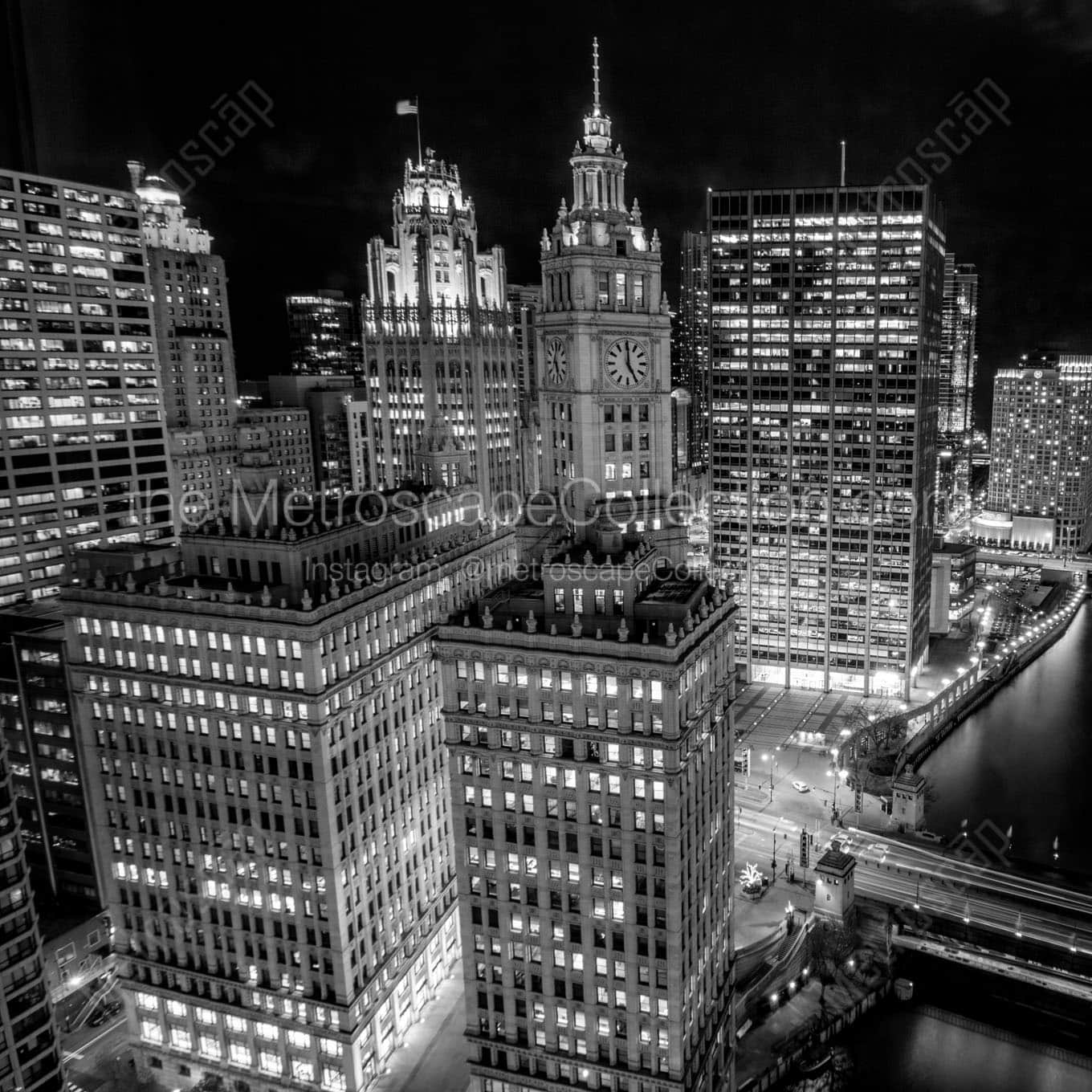 The Wrigley Building and Tribune Building from Trump Tower Wall Art square crop