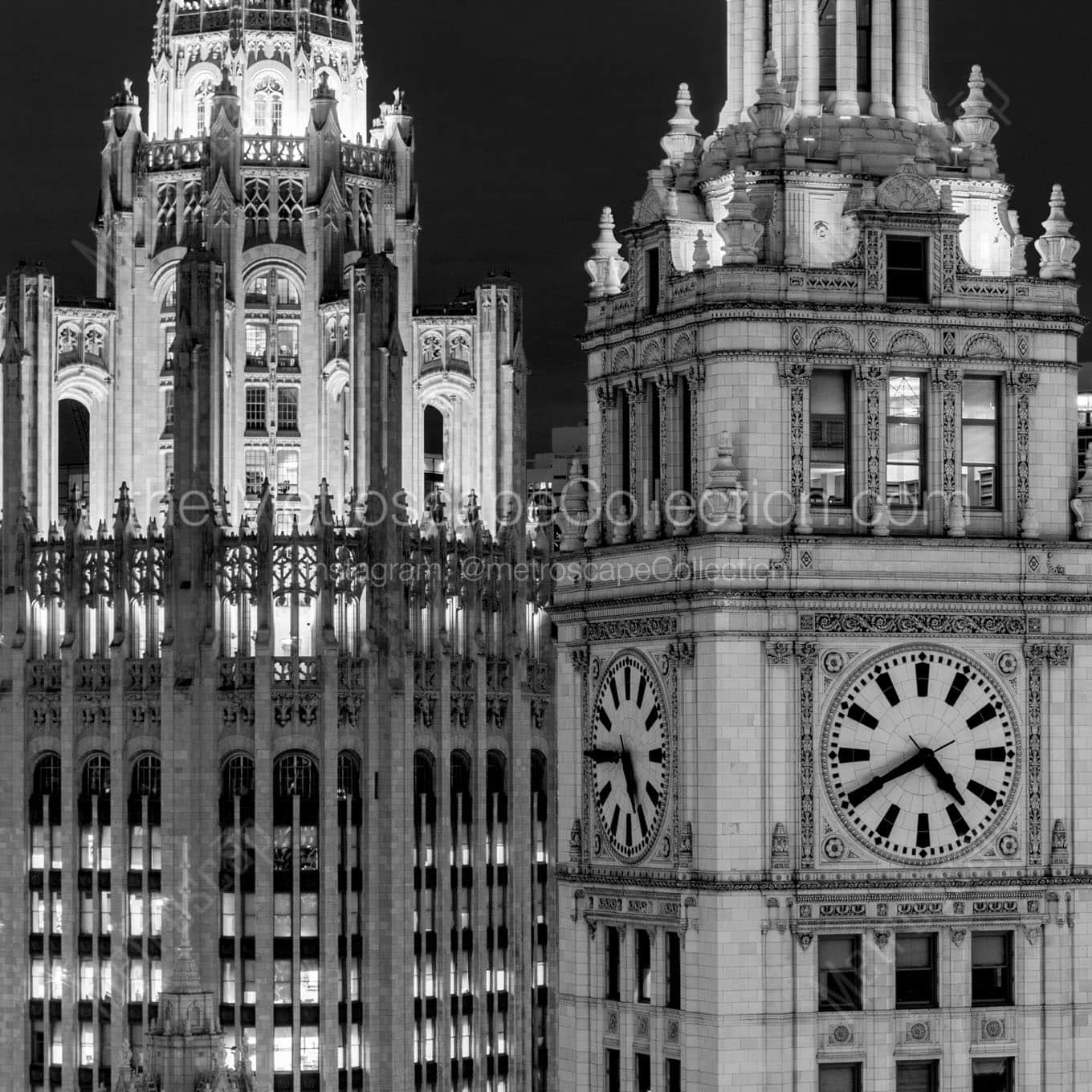 The Wrigley Building and Tribune Building at Night. Wall Art square crop