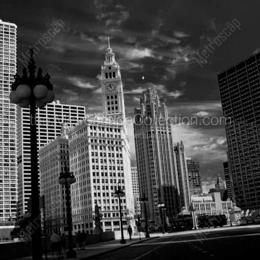 The Wrigley Building and Tribune Building from Wacker Drive -- Chicago Black and White Wall Art