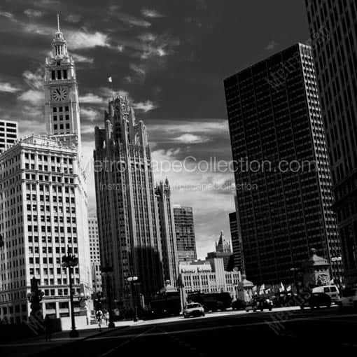 The Wrigley and Tribune Buildings Against a Whispy August Sky -- Chicago Black and White Wall Art