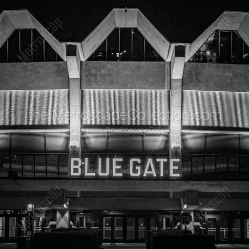 WVU Coliseum Blue Gate at Night -- Morgantown WV Black and White Wall Art