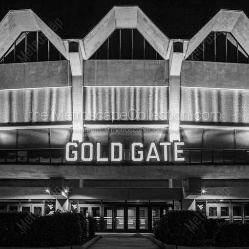 WVU Coliseum Gold Gate at Night -- Morgantown WV Black and White Wall Art