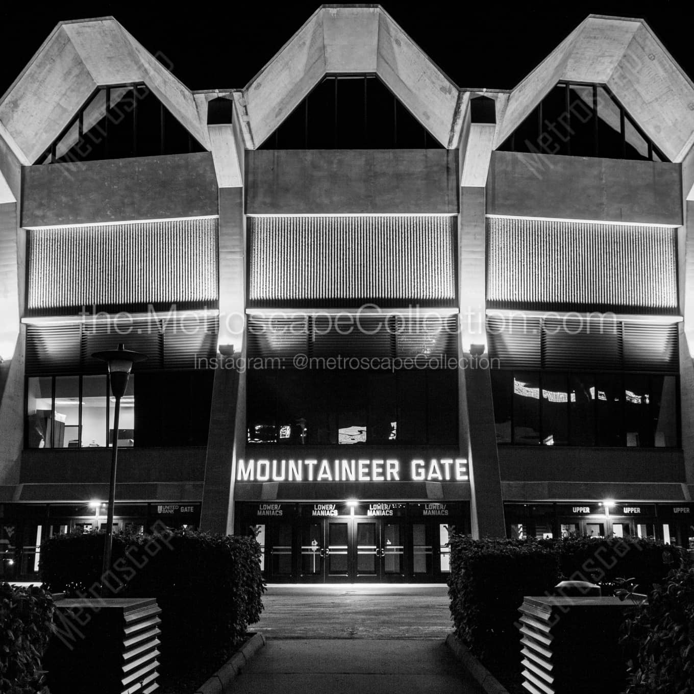 WVU Coliseum Mountaineer Gate at Night Wall Art square crop