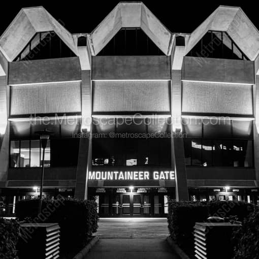WVU Coliseum Mountaineer Gate at Night -- Morgantown WV Black and White Wall Art